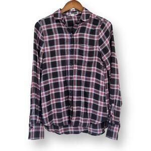 Beach Lunch Lounge Flannel Shirt Womens XS Black Pink Plaid Long Sleeve Cozy